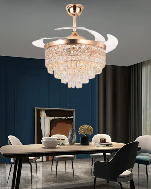 Crystal Cascade Retractable Ceiling Fan + Chandelier Light (with Remote Control)